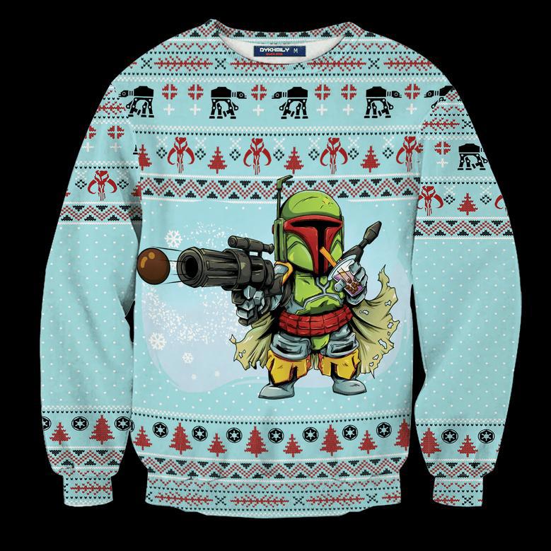 SW Ugly Sweater SW Mandalorian Merry Bobamas Blue Sweater Funny High Quality SW Sweater