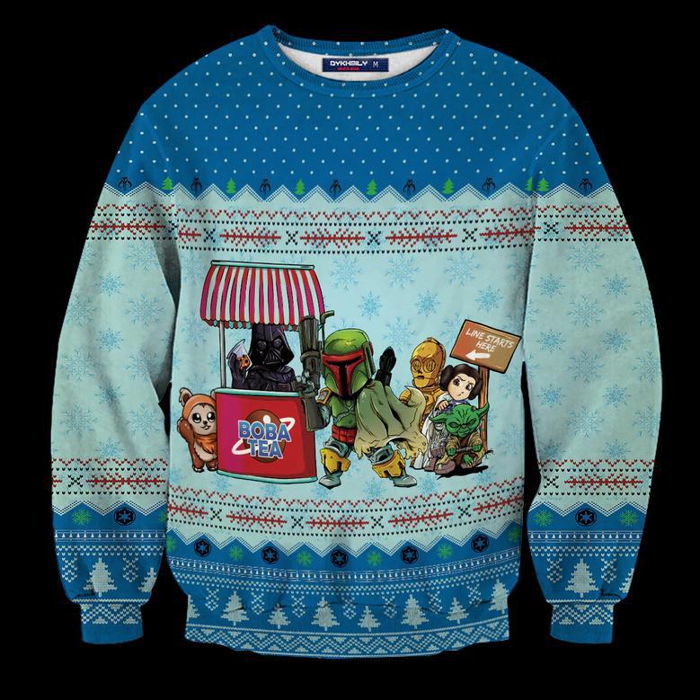 SW Ugly Sweater SW Queue For BobaTea Blue Sweater Funny High Quality SW Sweater