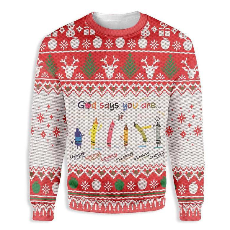 Teacher Christmas Sweater God Says You Are Awesome Teacher Crayons White Ugly Sweater