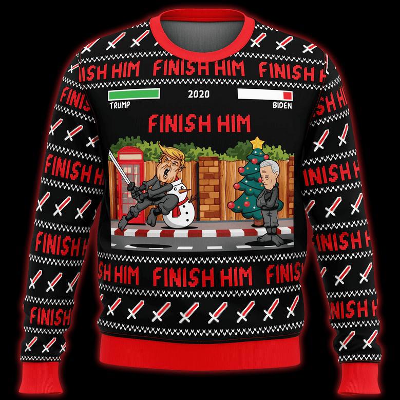 Trump Ugly Christmas Sweater Trump Finish Him Pattern Black Red Sweater