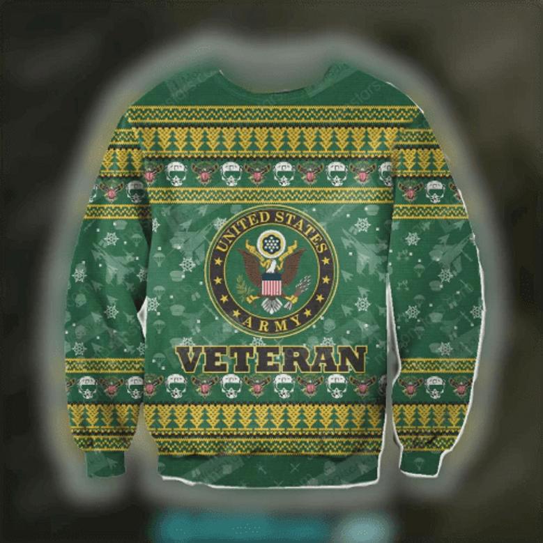 Veteran Sweater United States Army Seal Veteran Helmet Pattern Green Ugly Sweater