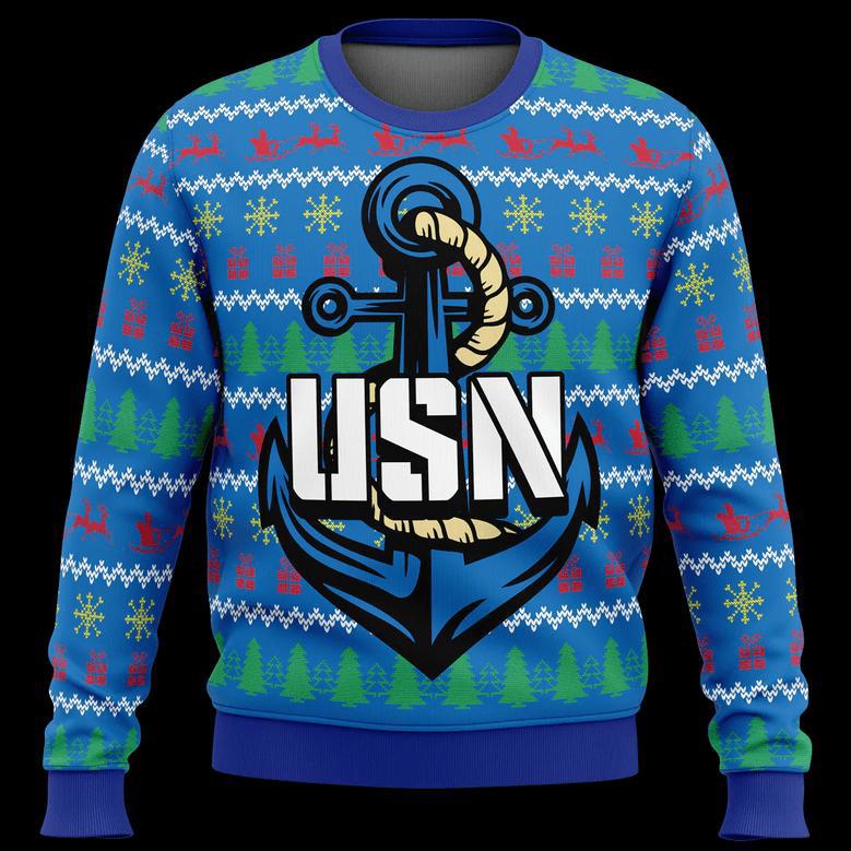 Veteran Sweater US Navy Anchor Veteran Christmas Pattern Blue Ugly Sweater