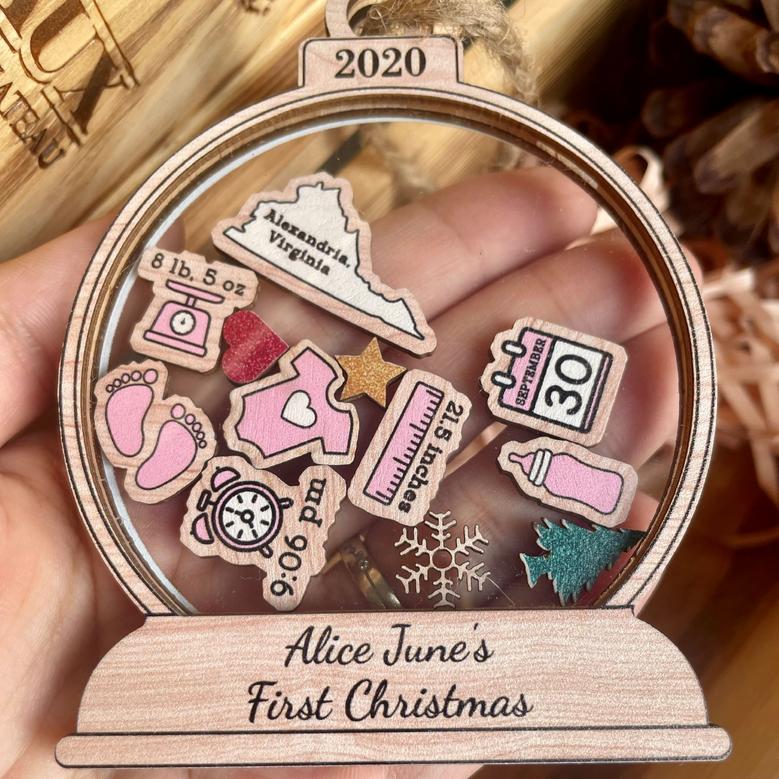 Personalized New Baby Christmas Shaker Acrylic Wooden Ornament Custom Baby Birth Stat