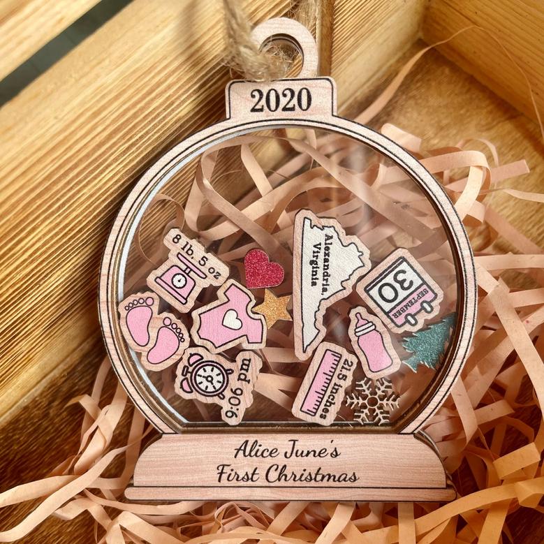 Personalized New Baby Christmas Shaker Acrylic Wooden Ornament Custom Baby Birth Stat
