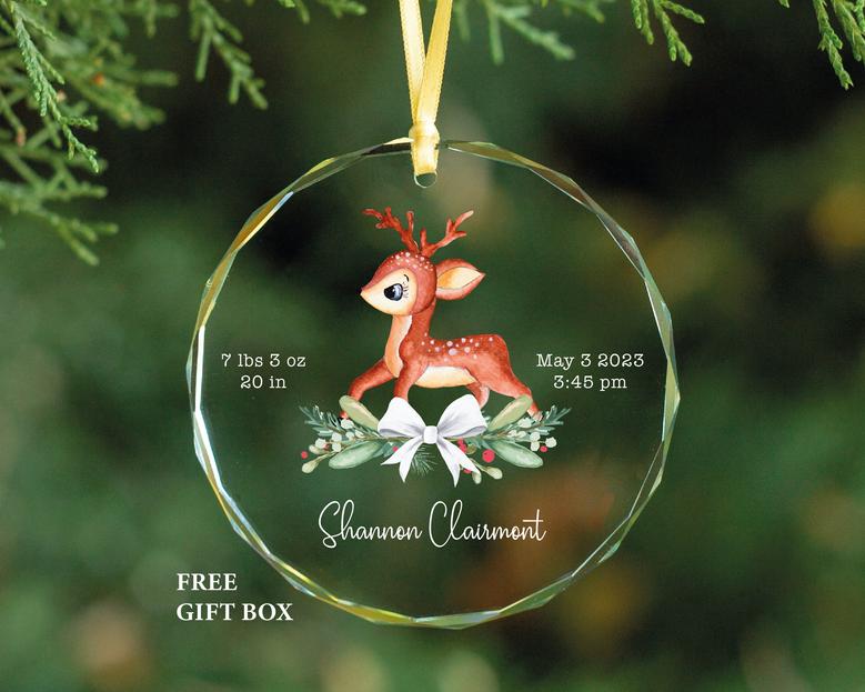 Personalized Baby Deer Glass Ornament Newborn Baby Christmas Gift