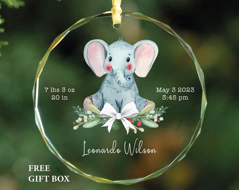 Personalized Baby Elephant Glass Ornament Newborn Baby Christmas Gift