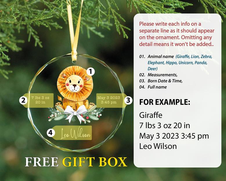 Personalized Baby Stats Animal Glass Ornament Newborn Christmas Gift