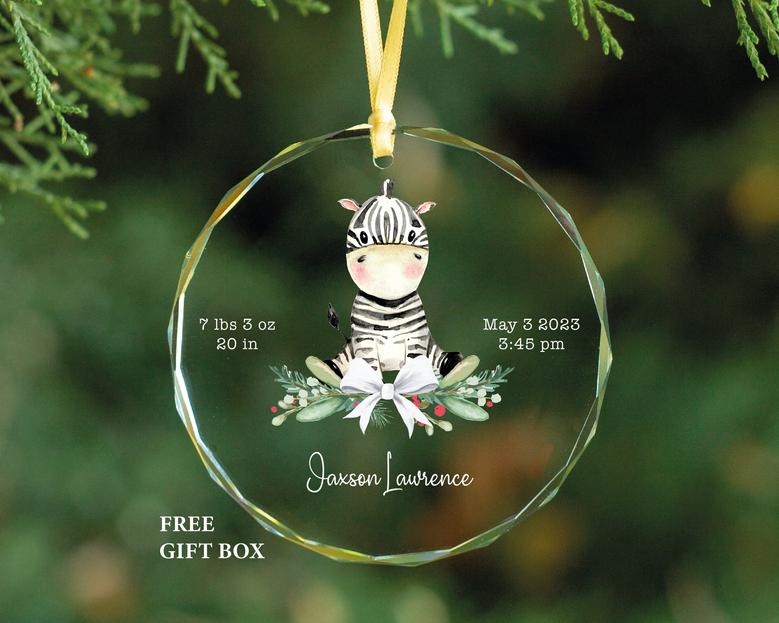 Personalized Baby Zebra Glass Ornament Newborn Baby Christmas Gift