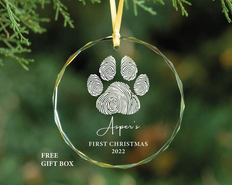Personalized Dog First Christmas Glass Ornament Dog Paw Christmas Gift