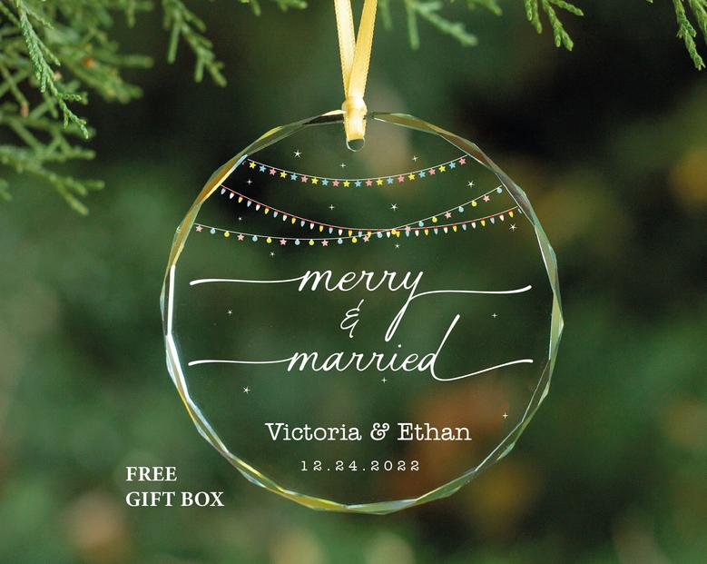 Personalized Merry and Married Glass Ornament Christmas Gift For Couple