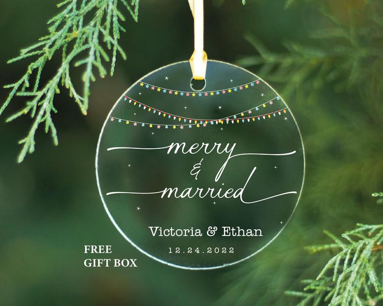 Personalized Merry and Married Glass Ornament Christmas Gift For Couple