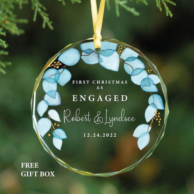 Personalized Our First Christmas As Engaged Glass Ornament Christmas Gift
