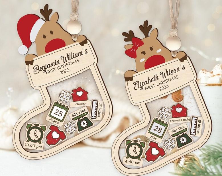 Personalized Reindeer Christmas Ornaments, Wood Ornament Custom Baby Gift