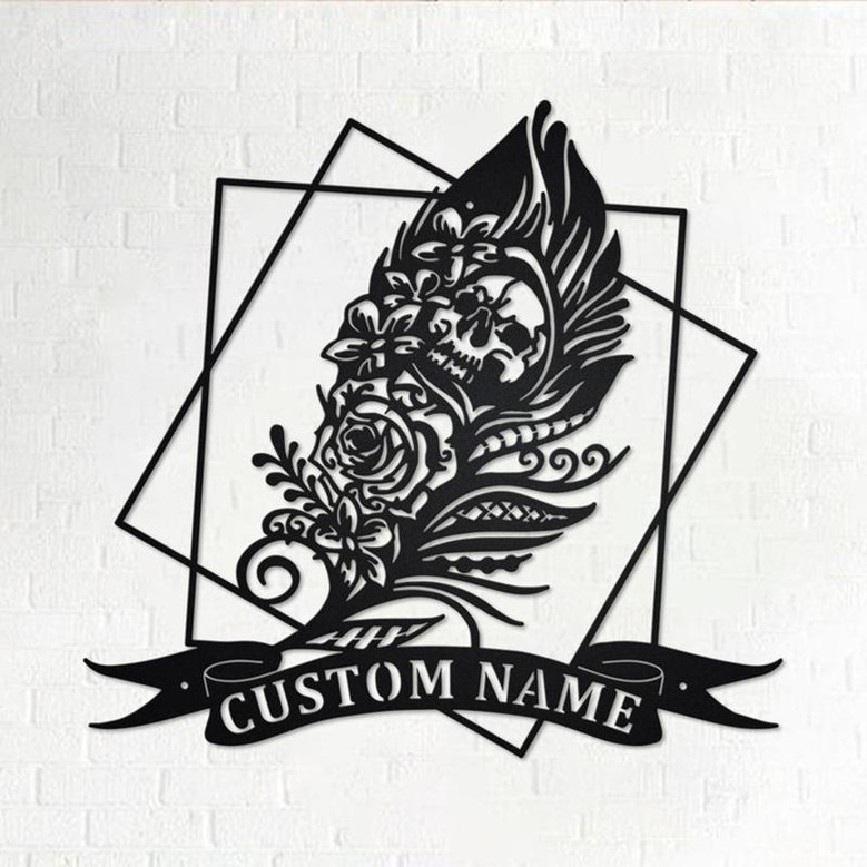 Custom Gothic Skull Feather Metal Wall Art, Personalized Gothic Skull Feather Name Sign Decoration For Room, Feather Metal Home Decor