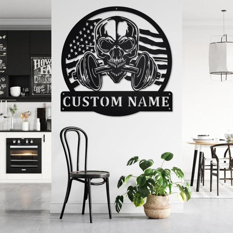 Custom US Flag Skull Fitness Metal Wall Art, Personalized Gymer Name Sign Decoration For Room, Gym Metal Home Decor, Custom US Flag Fitness