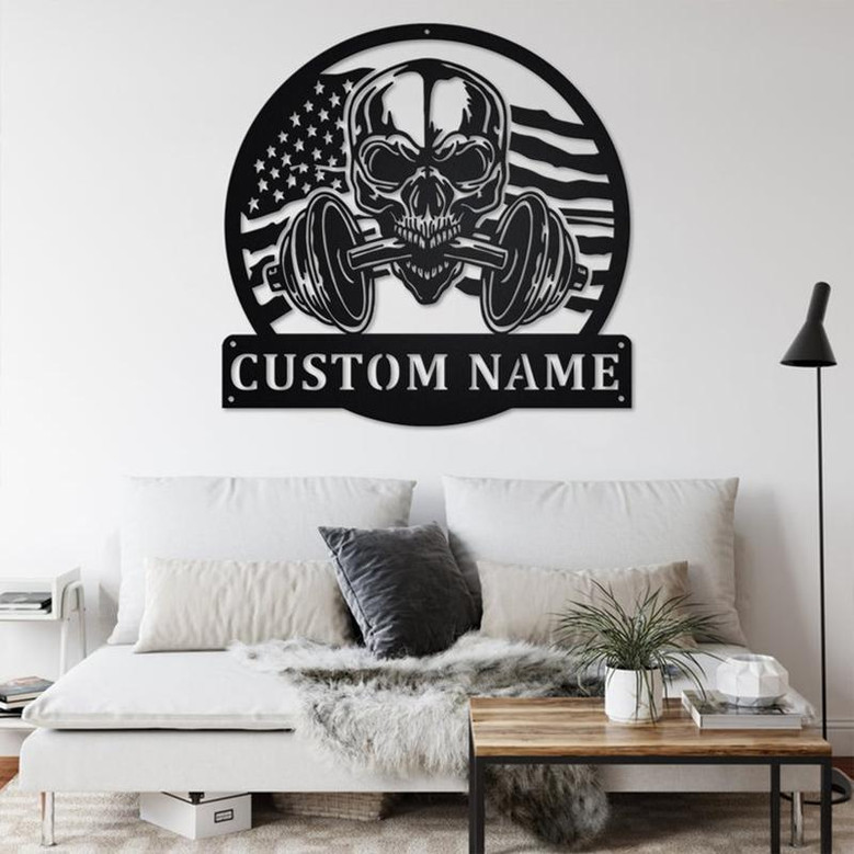 Custom US Flag Skull Fitness Metal Wall Art, Personalized Gymer Name Sign Decoration For Room, Gym Metal Home Decor, Custom US Flag Fitness
