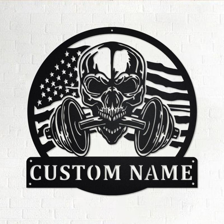 Custom US Flag Skull Fitness Metal Wall Art, Personalized Gymer Name Sign Decoration For Room, Gym Metal Home Decor, Custom US Flag Fitness