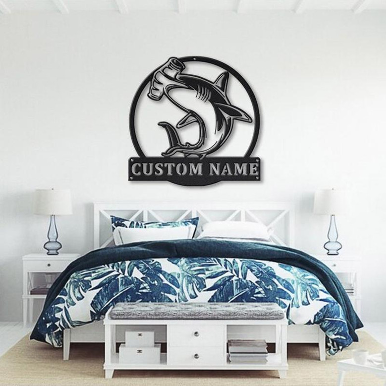 Personalized Hammerhead Shark Metal Sign Art | Custom Shark Monogram Metal Sign | Birthday Gift | Animal Funny | Father&#39;s Day Gift