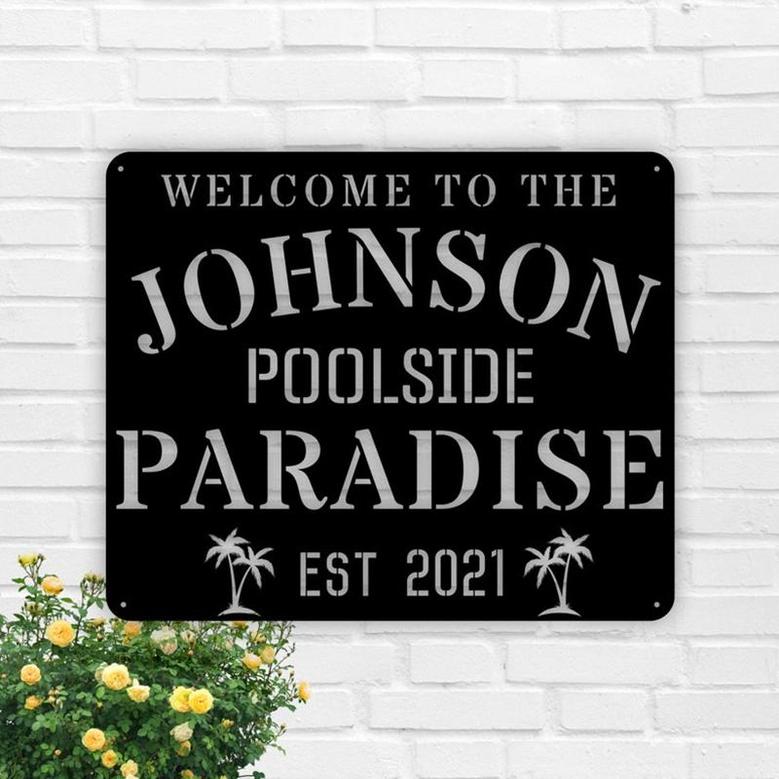 Poolside Paradise Swimming Pool Patio Metal Sign, Pool and Bar, Tiki Bar, Bar and Grill, Pool Oasis Personalized Sign for Pool,