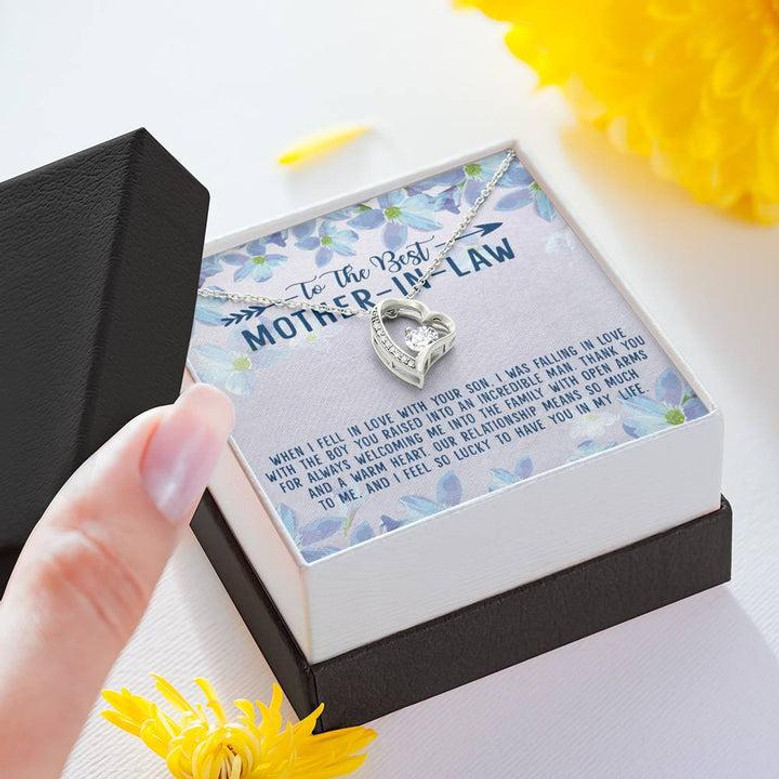 To The Best Mother-In-Law My Life Is Filled With More Joy Love Knot Necklace With Pod Message Card, Mother-In-Law Gift From Daughter-In-Law