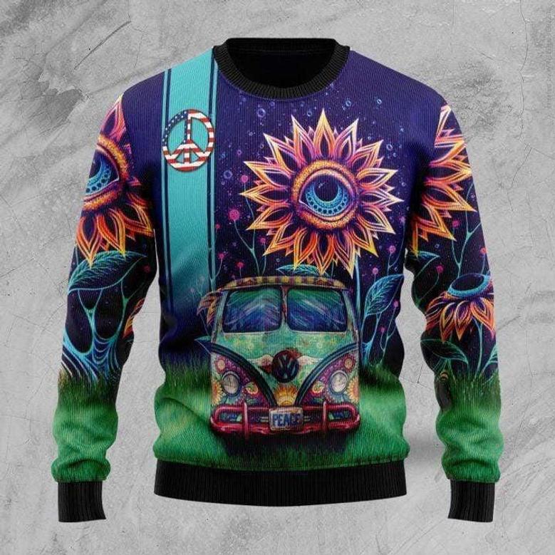 Amazing Hippie Van And Sunflower Eyes Ugly Christmas Sweater