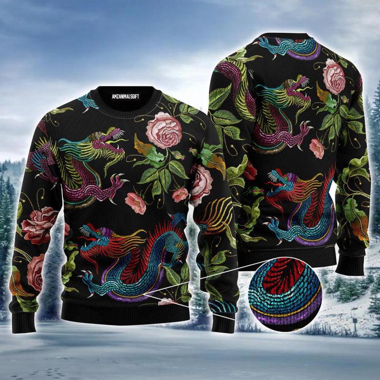 Asian Dragons Ugly Sweater, Dragons Flower Pattern Pullover Ugly Sweater