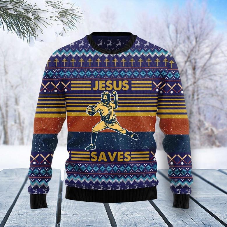 Baseball Jesus Save Ugly Christmas Sweater