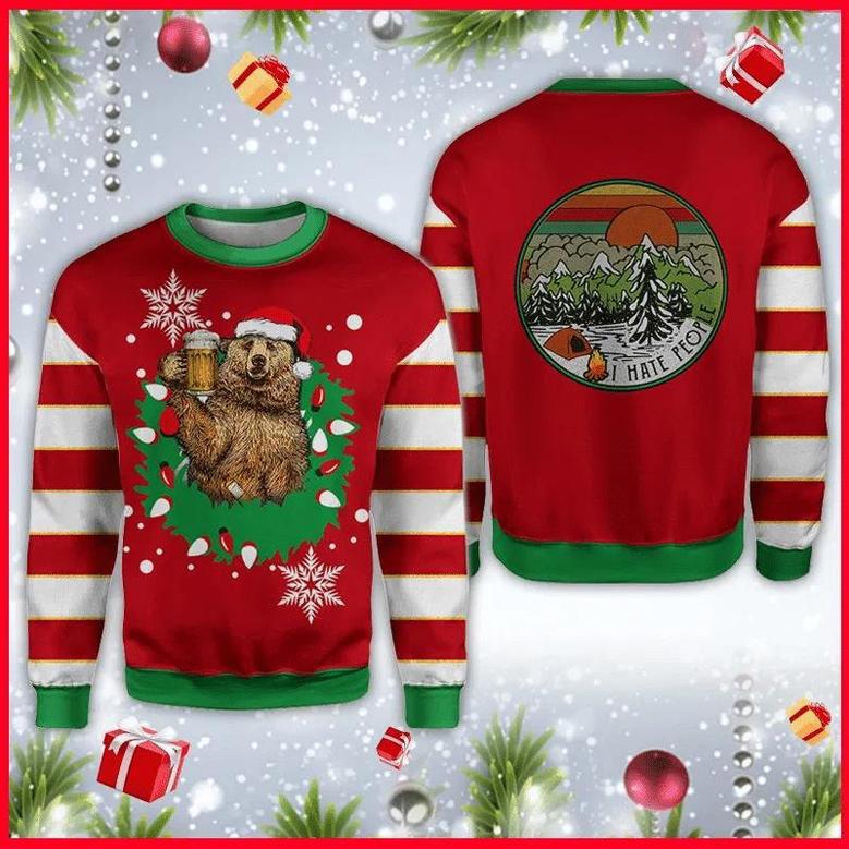 Bear Beer I Hate People Camping Ugly Christmas Sweater