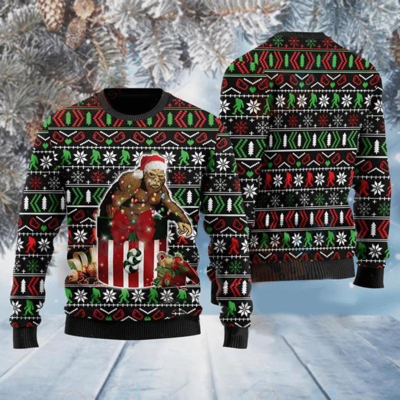 Bigfoot In The Gift Box Ugly Christmas Sweater