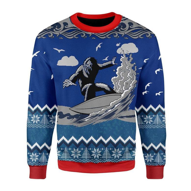 Bigfoot Surfing Ugly Christmas Sweater