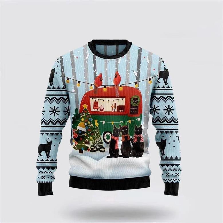 Black Cat Love Camping Ugly Christmas Sweater, Jumper – Cat Lover Christmas