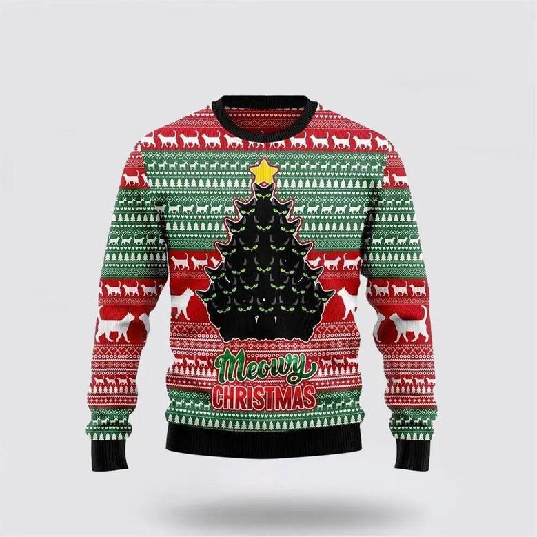 Black Cat Meowy Ugly Christmas Sweater, Jumper – Cat Lover Christmas Sweater