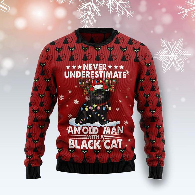 Black Cat Old Man Ugly Christmas Sweater