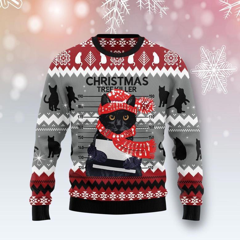 Black Cat Tree Killer Ugly Christmas Sweater