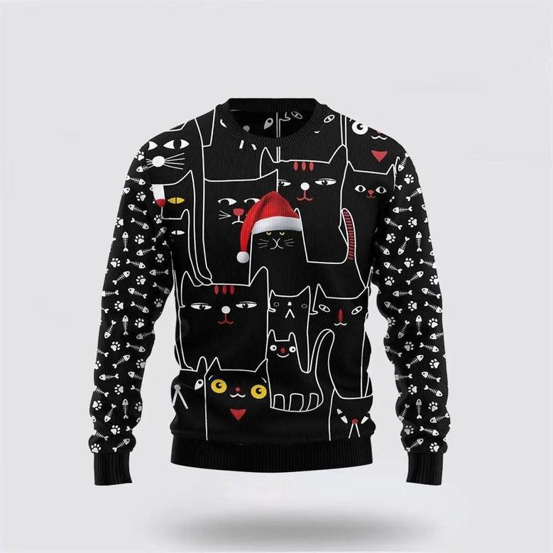 Black Cat With Noel Hat Ugly Christmas Sweater, Jumper – Cat Lover Christmas