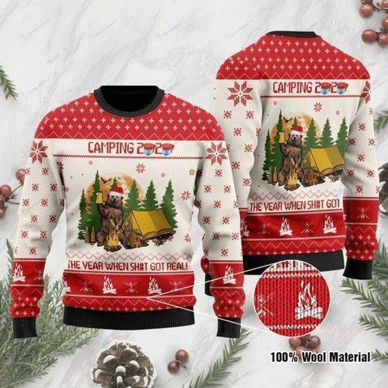 Camping 2020 With Funny Sayings And Bear Drinking Beer Ugly Christmas Sweater