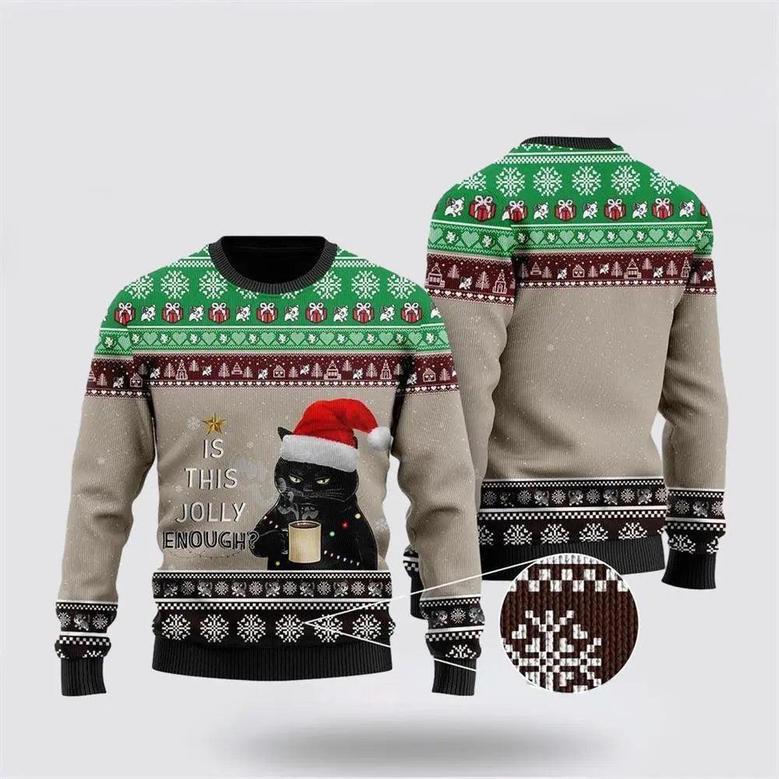 Christmas Black Cat With Coffee Is This Jolly Enough Ugly Christmas Sweater, Jumper