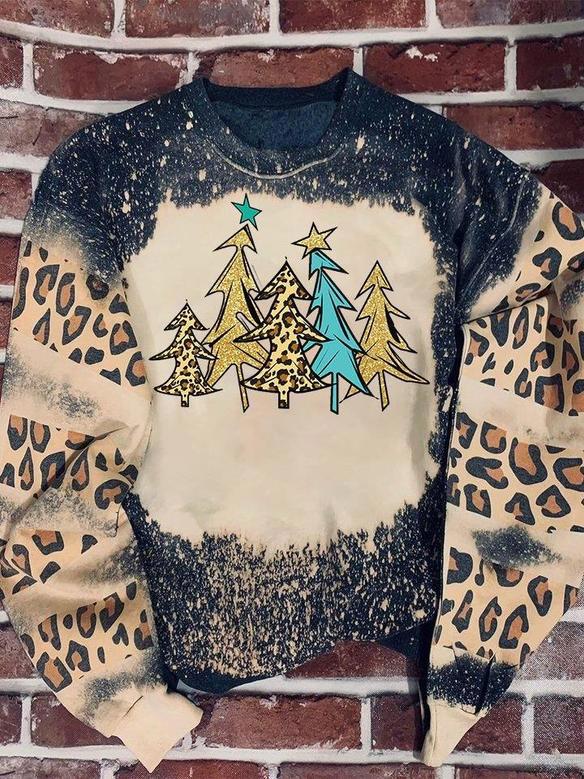 Christmas Gold Tree Leopard Bleached Sweater