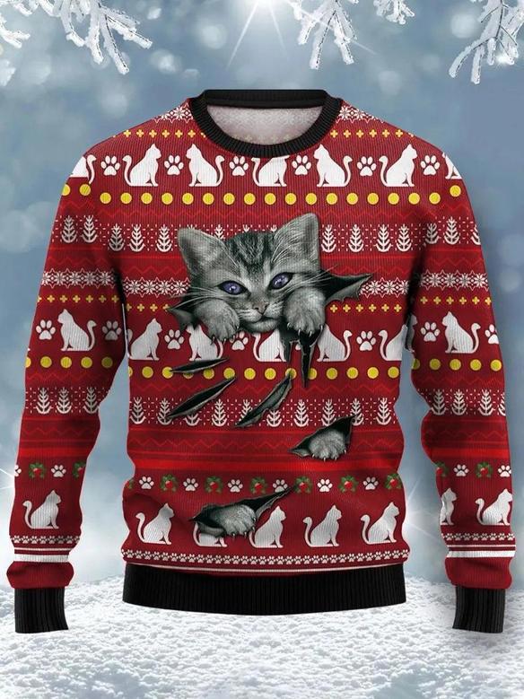 Christmas Ugly Sweater Cute Cat Printed Round Neck Sweatshirt