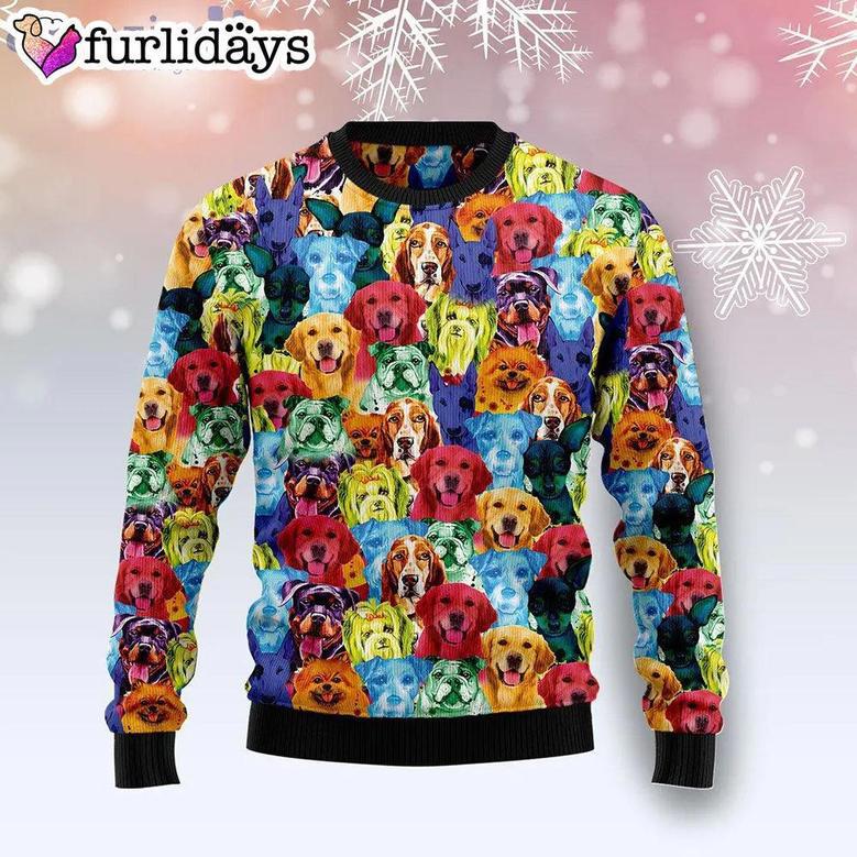 Dog Colorful All Over Print Ugly Christmas Sweater, Jumper