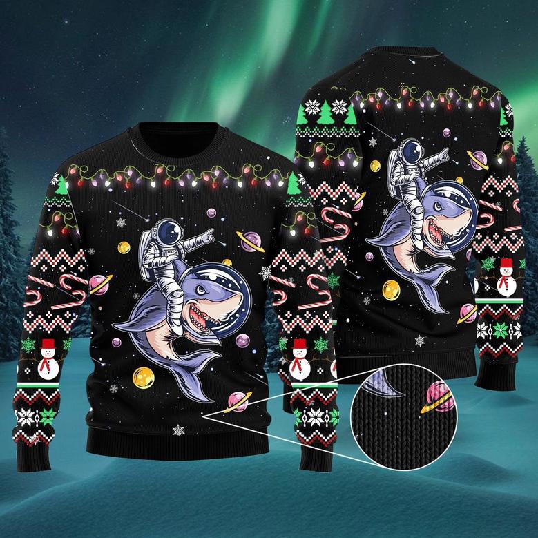 Funny Astronauts Ride A Shark In Space With The Planet Ugly Christmas Sweater