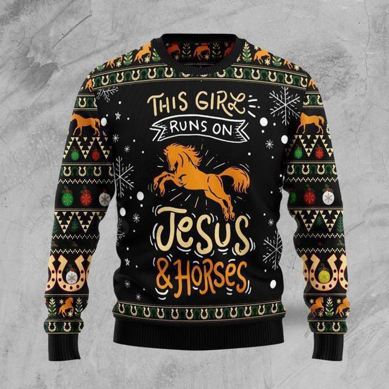 Girls Run On Jesus And Horses Ugly Christmas Sweater