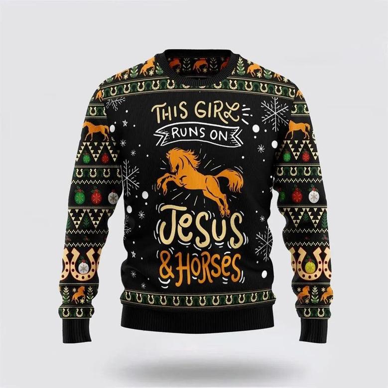 Girls Run On Jesus And Horses Ugly Christmas Sweater, Jumper – Gifts For Christians
