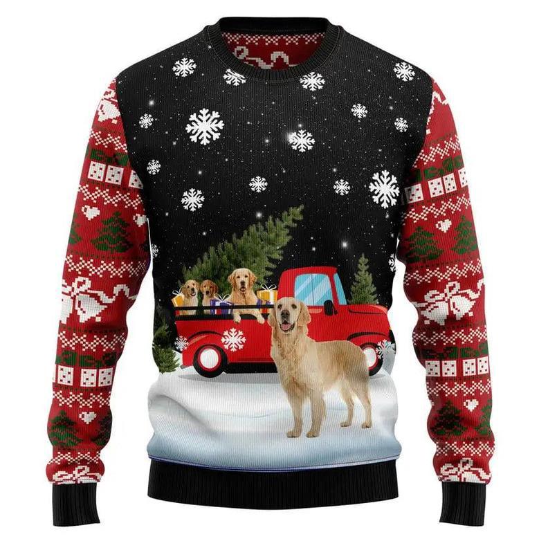 Golden Retriever Red Truck Ugly Christmas Sweater, Jumper 1