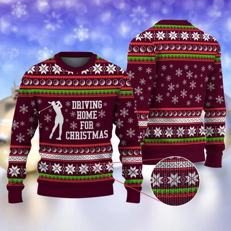 Golf Driving Home for Christmas Maroon Ugly Christmas Sweater Ugly Sweater For Men Women Holiday Sweater