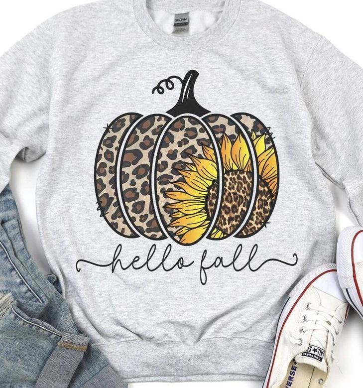 Hello Fall leopard pumpkin sunflower bleached shirt or sweater