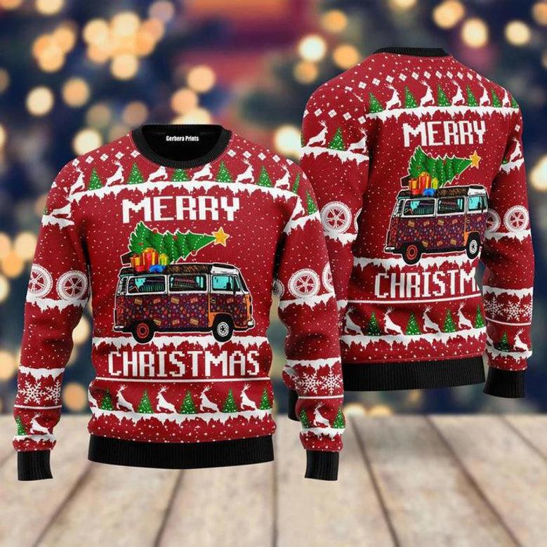 Hippie Car Merry Ugly Christmas Sweater For Men & Women