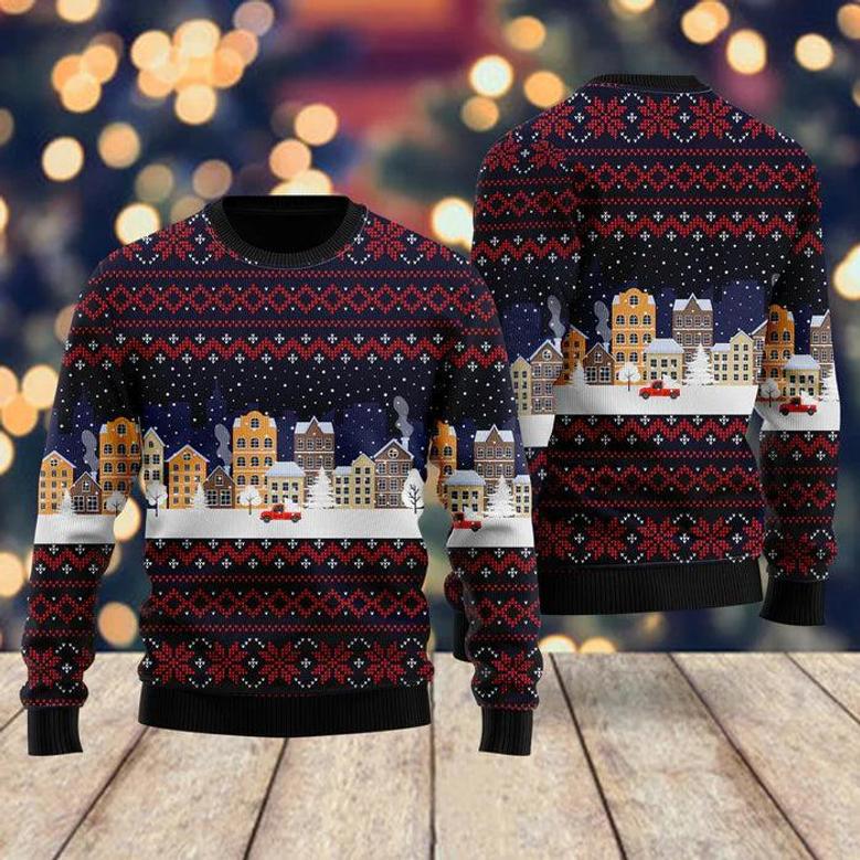 Lonely Red Car In Snow Night Pattern Ugly Christmas Sweater For Men & Women