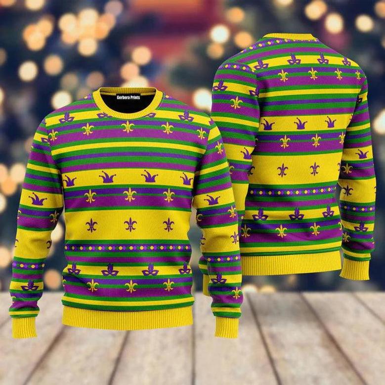 Mardi Gras Striped Yellow Ugly Christmas Sweater For Men & Women