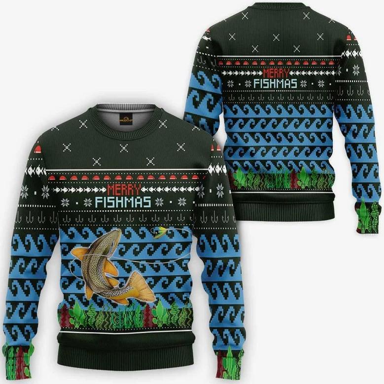 Merry Fishmas Brown Trout Fishing Ugly Christmas Sweater